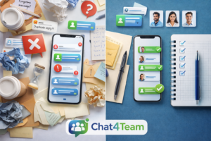 Confronto tra gestione WhatsApp aziendale caotica e organizzata con team e assegnazione delle chat