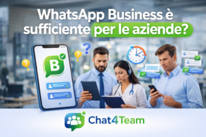 WhatsApp Business per aziende utilizzato da un team in ufficio che gestisce le chat dei clienti