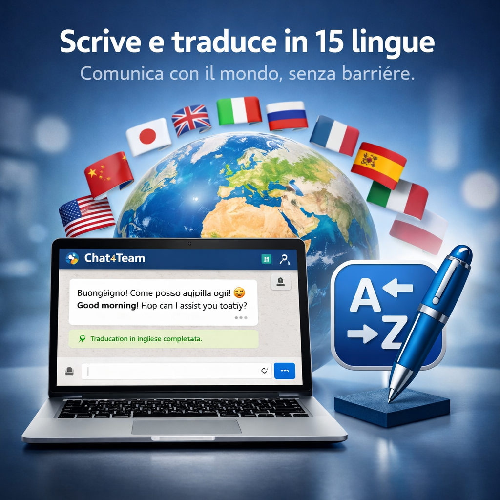 Chat4Team con assistente AI per WhatsApp aziendale che scrive e traduce in 15 lingue per comunicazione internazionale automatica