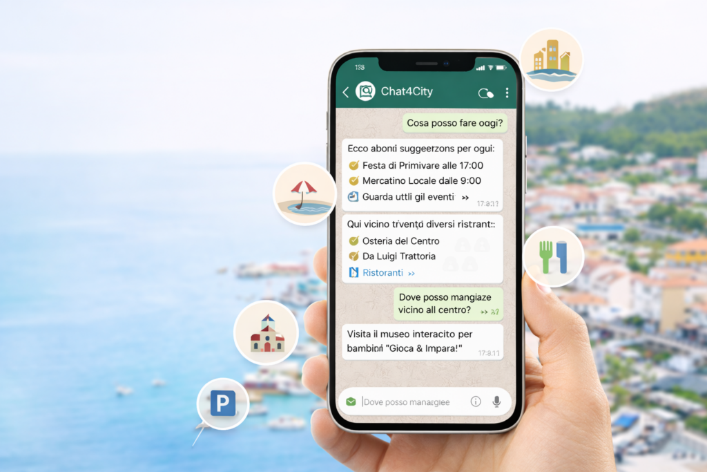Smartphone con chat WhatsApp di Chat4City che mostra suggerimenti turistici su eventi, ristoranti, parcheggi e luoghi da visitare.