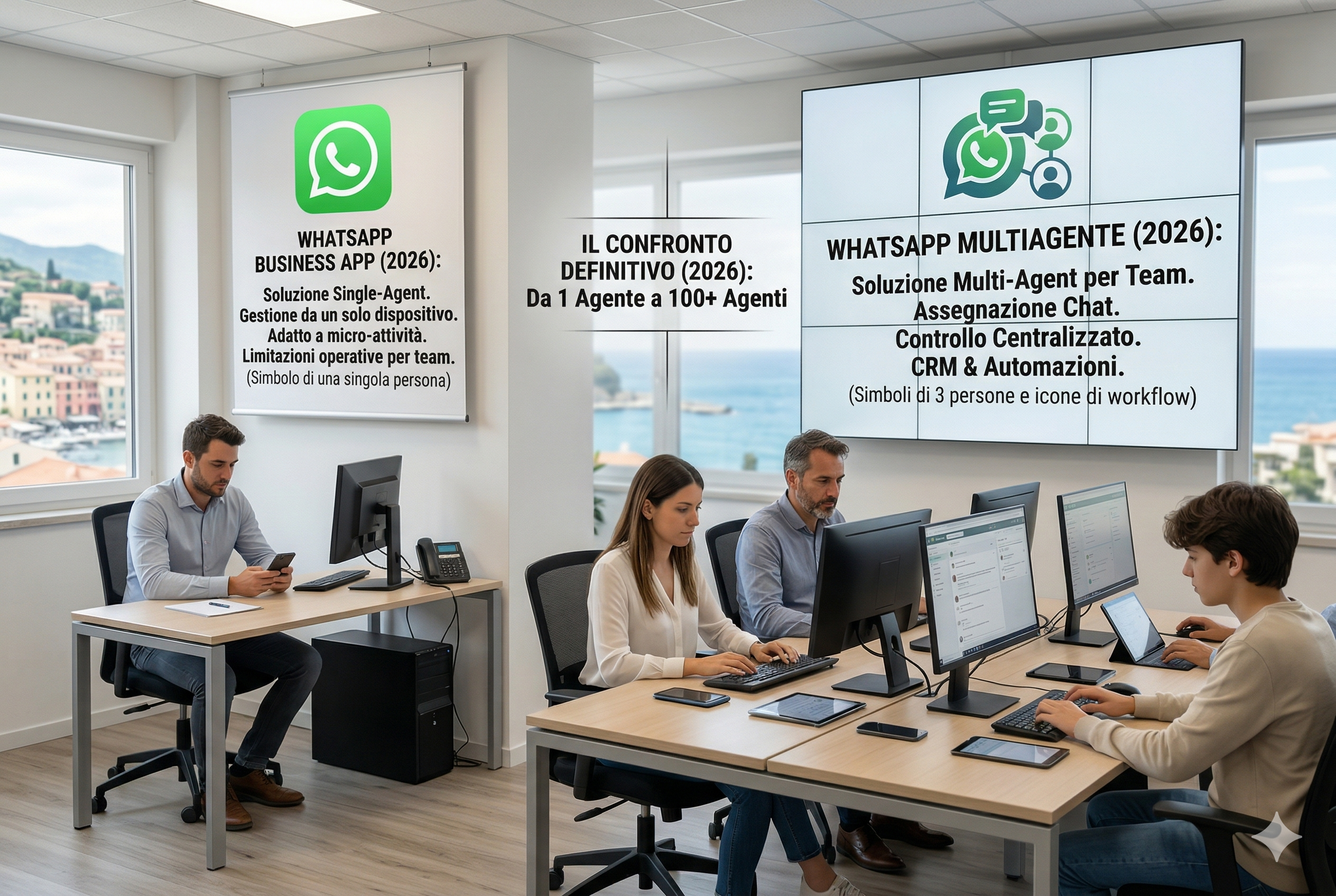 Immagine di confronto tra WhatsApp Business App e WhatsApp Multiagente (2026): a sinistra un singolo operatore con smartphone, a destra un team collaborativo con desktop, entrambi con banner descrittivi delle funzionalità.