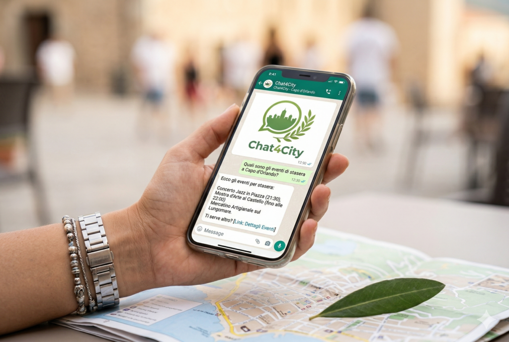 Primo piano di uno smartphone con una conversazione WhatsApp su Chat4City che mostra eventi turistici del comune, appoggiato su una mappa cartacea.