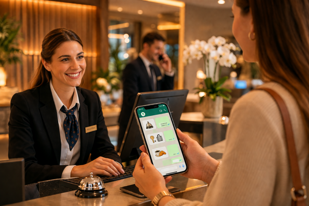 Receptionist di hotel sorride a un’ospite che mostra uno smartphone con chat WhatsApp in reception