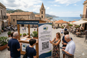 Un chiosco informativo in una piazza italiana con un cartellone che pubblicizza il servizio "Il comune su WhatsApp".