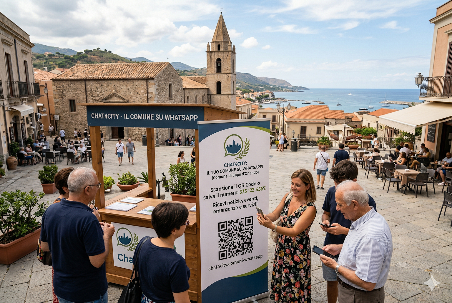 Un chiosco informativo in una piazza italiana con un cartellone che pubblicizza il servizio "Il comune su WhatsApp".