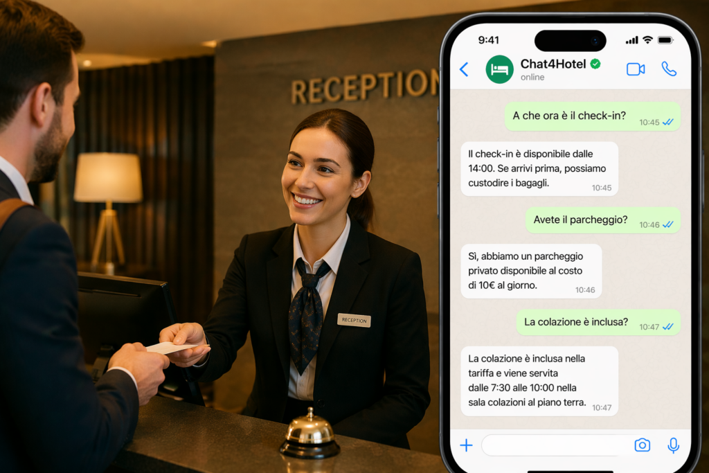 Receptionist di hotel accoglie un ospite mentre sullo smartphone compare una chat WhatsApp con informazioni su check-in, parcheggio e colazione