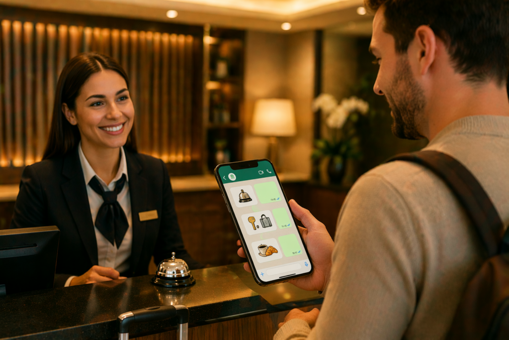 Ospite in reception mostra uno smartphone con chat WhatsApp mentre parla con una receptionist in un hotel moderno