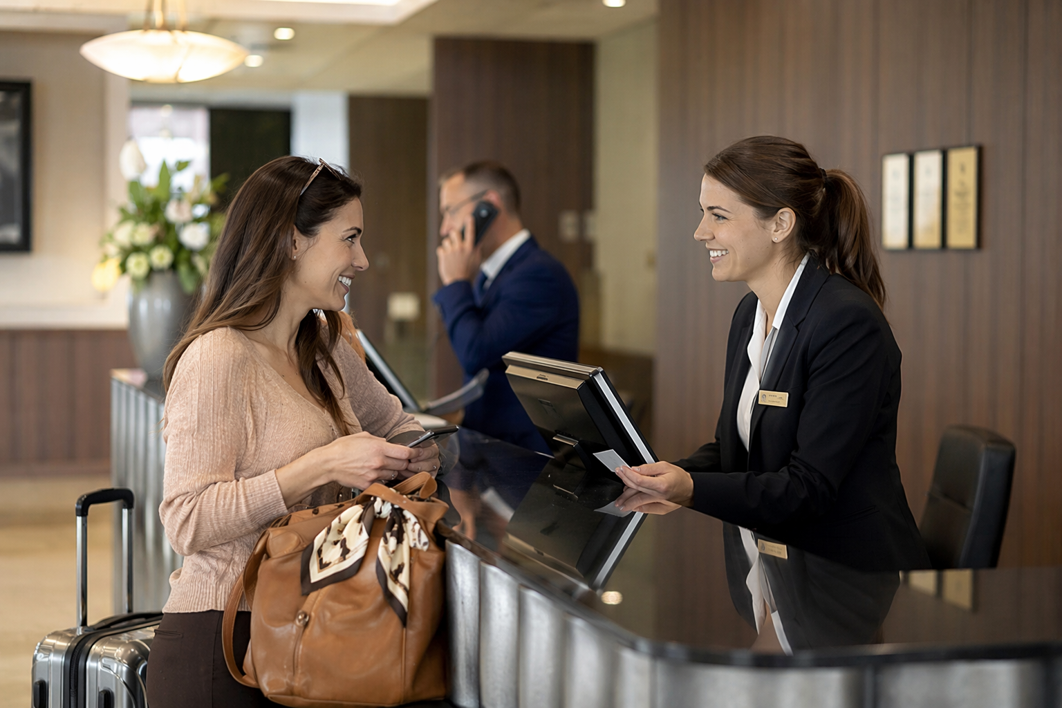 Ospite in reception mentre comunica con il personale di un hotel in un ambiente moderno e accogliente