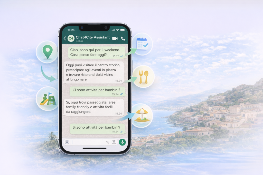 Mockup di smartphone con chat WhatsApp di Chat4City che fornisce informazioni turistiche su eventi, ristoranti, attività per bambini e luoghi da visitare.