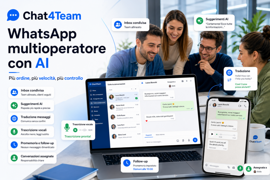 Chat4Team, piattaforma WhatsApp multioperatore con AI per gestire inbox condivisa, suggerimenti AI, traduzioni, vocali e follow-up