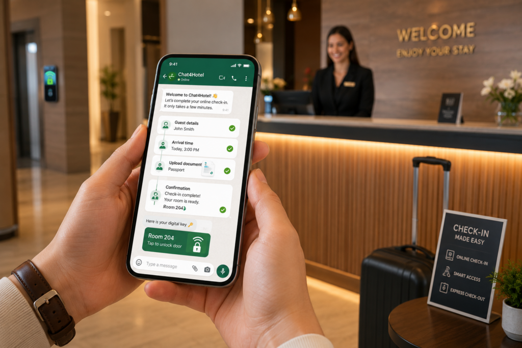 Ospite in hotel che completa il check-in online con WhatsApp tramite Chat4Hotel