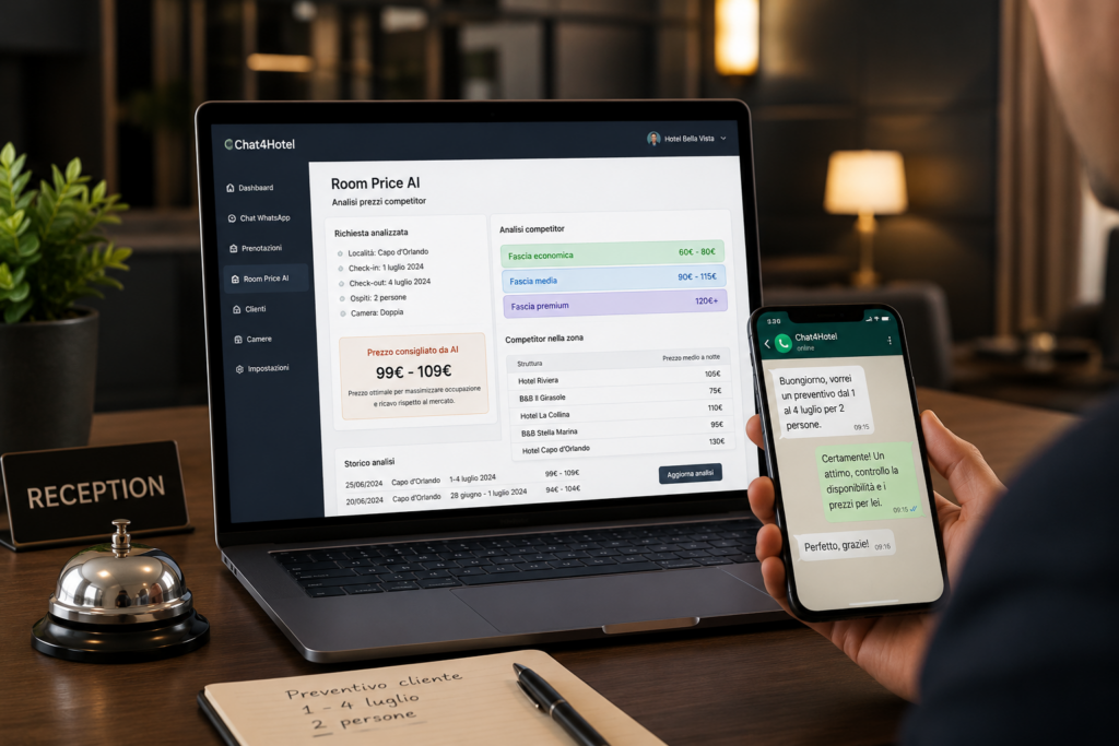 Dashboard Chat4Hotel Room Price AI con analisi prezzi competitor hotel e B&B e preventivo WhatsApp automatico