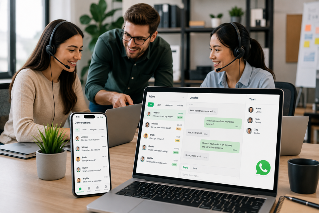 Team aziendale che gestisce conversazioni WhatsApp da una dashboard multi operatore condivisa