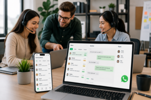 Team aziendale che gestisce conversazioni WhatsApp da una dashboard multi operatore condivisa