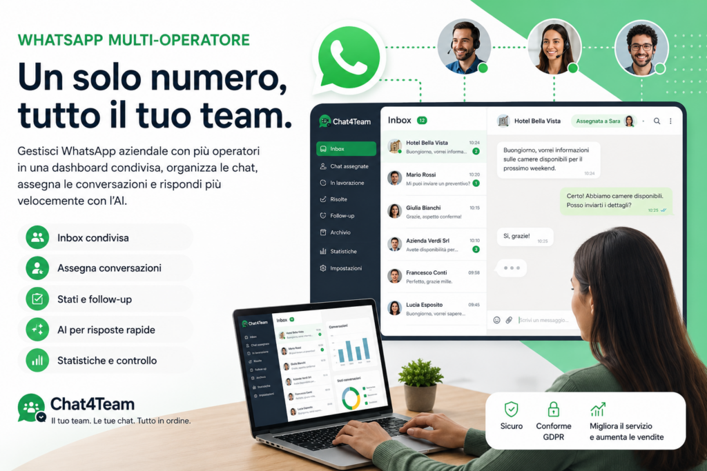 Dashboard Chat4Team per gestire WhatsApp multi-operatore con inbox condivisa, chat assegnate, follow-up e supporto AI