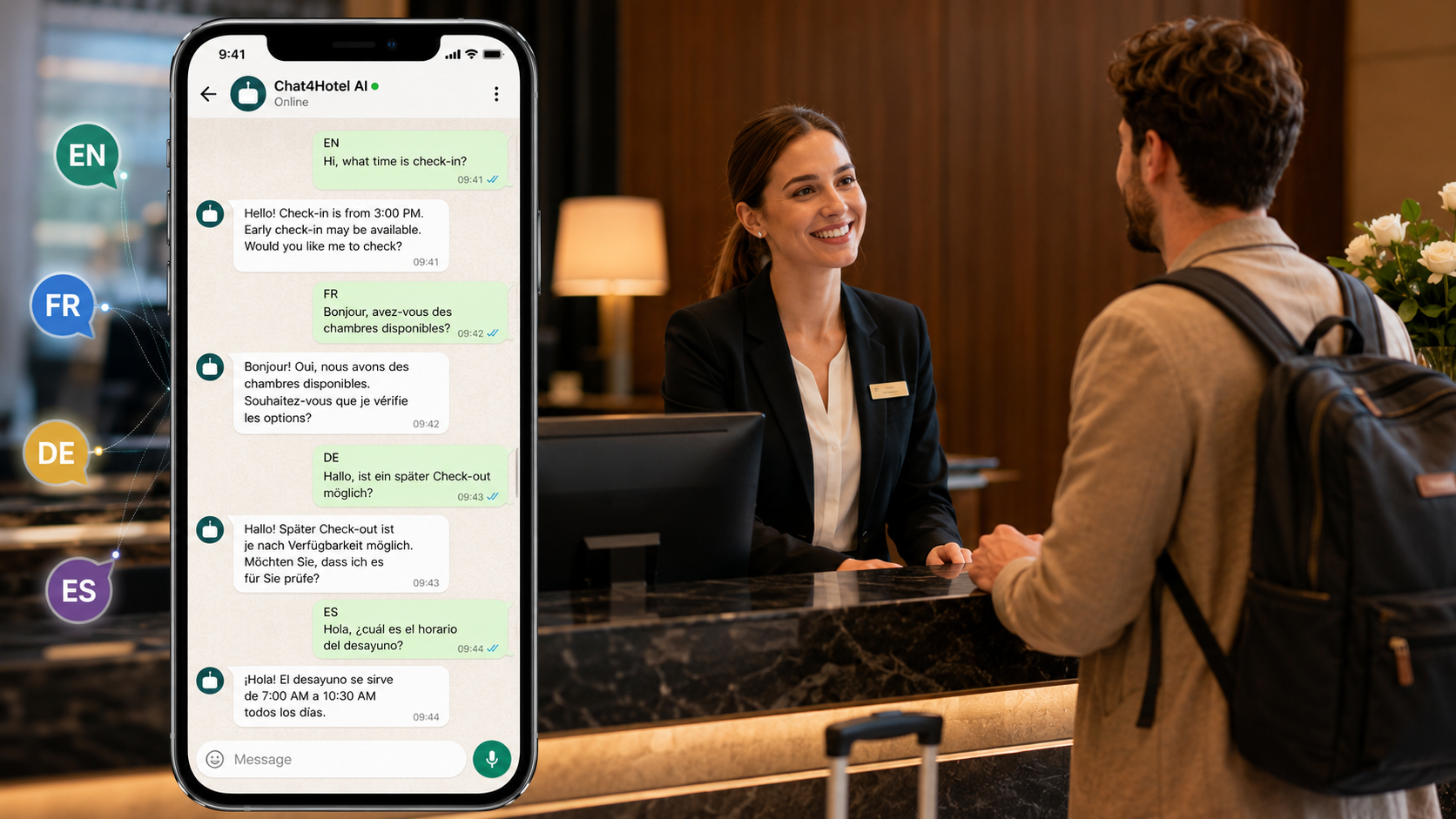 AI multilingua per hotel che risponde agli ospiti stranieri su WhatsApp