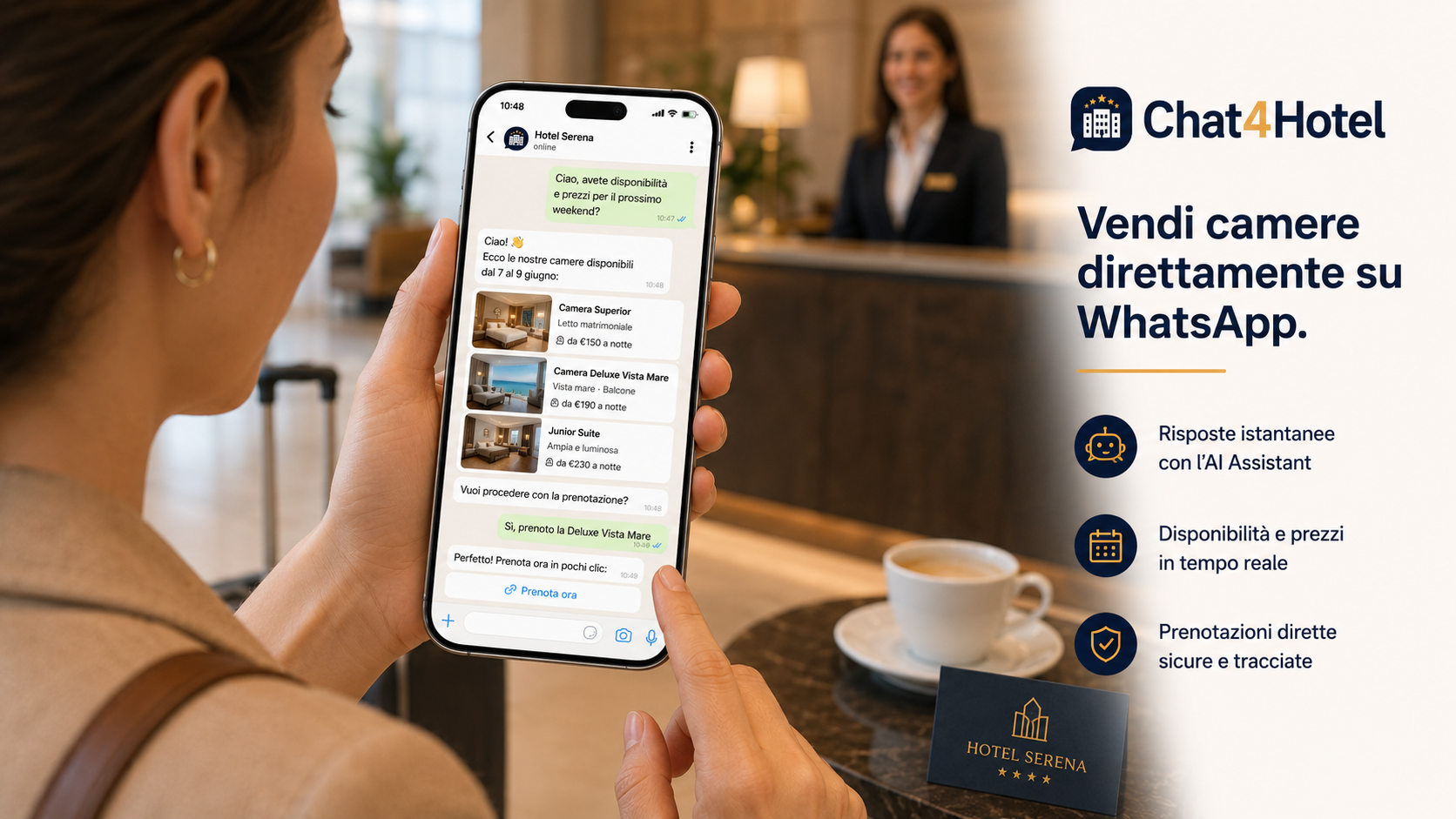 Vendere camere su WhatsApp con Chat4Hotel e assistente AI per hotel