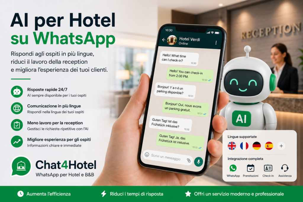 Assistente AI per hotel integrato con WhatsApp che risponde automaticamente agli ospiti in più lingue e supporta la reception.