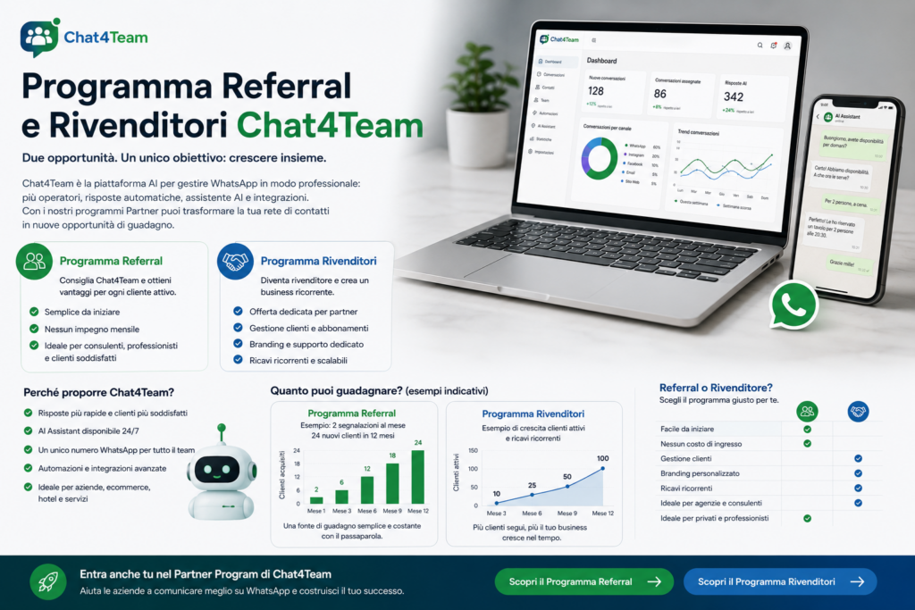 Infografica del Programma Referral e Rivenditori Chat4Team con AI per WhatsApp, opportunità di guadagno per partner, agenzie e consulenti.
