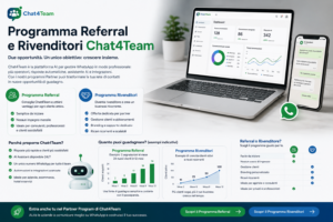 Infografica del Programma Referral e Rivenditori Chat4Team con AI per WhatsApp, opportunità di guadagno per partner, agenzie e consulenti.