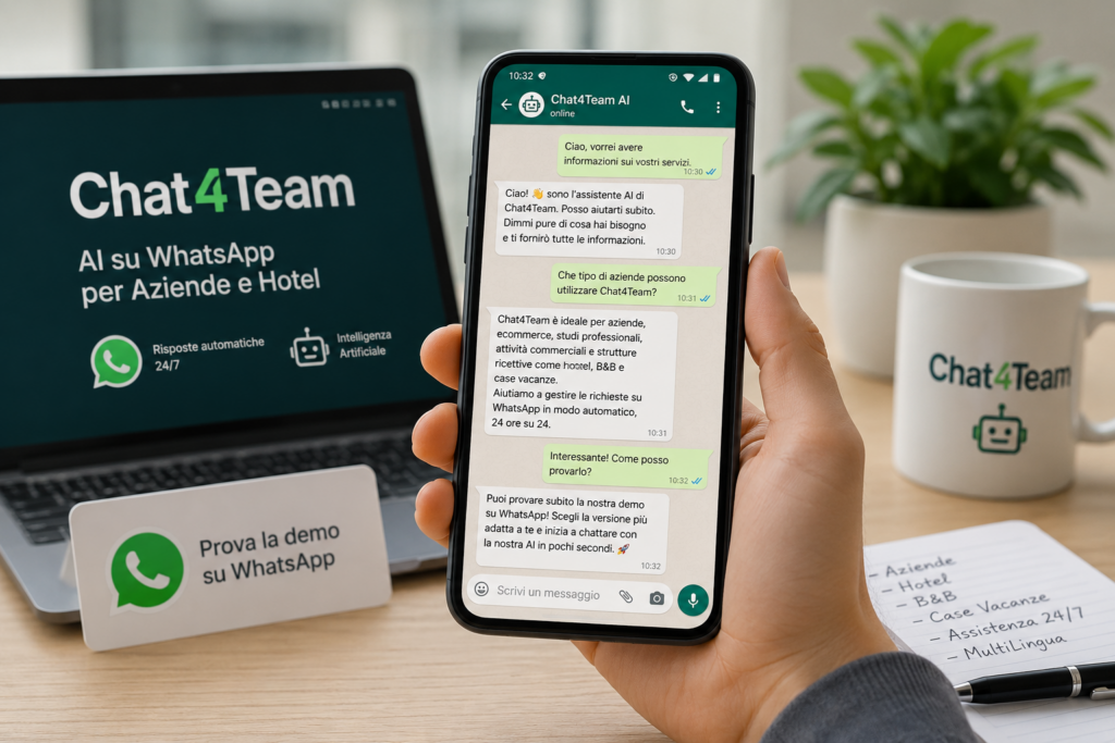 Assistente AI Chatbot Chatbot WhatsApp Chat4Team in funzione su WhatsApp che risponde automaticamente ai clienti per aziende, ecommerce, hotel e B&B.