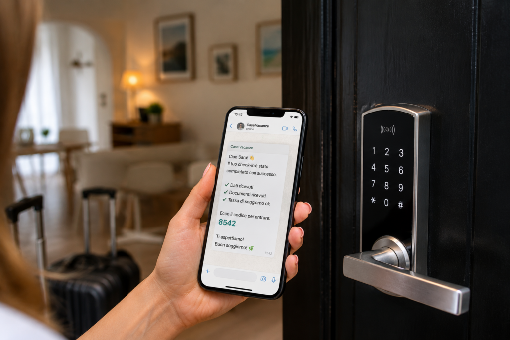 Ospite utilizza il self check-in tramite WhatsApp per accedere a una casa vacanze con serratura elettronica.