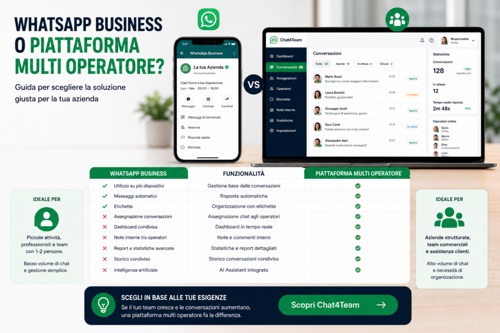 Confronto tra WhatsApp Business o multi operatore con dashboard condivisa, assegnazione conversazioni e strumenti di collaborazione per il team.
