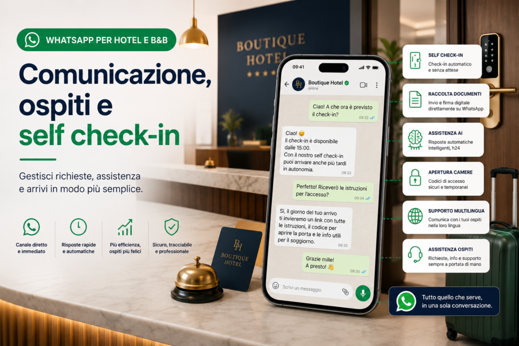 Immagine rappresentativa di WhatsApp per hotel e B&B con gestione ospiti, assistenza, self check-in, raccolta documenti e comunicazioni automatiche tramite Chat4Hotel.Immagine rappresentativa di WhatsApp per hotel e B&B con gestione ospiti, assistenza, self check-in, raccolta documenti e comunicazioni automatiche tramite Chat4Hotel.