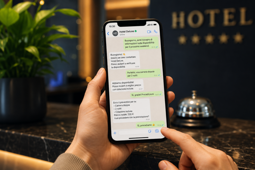Ospite che utilizza WhatsApp per prenotare una camera e ricevere assistenza automatica da un hotel.