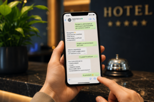 Ospite che utilizza WhatsApp per prenotare una camera e ricevere assistenza automatica da un hotel.