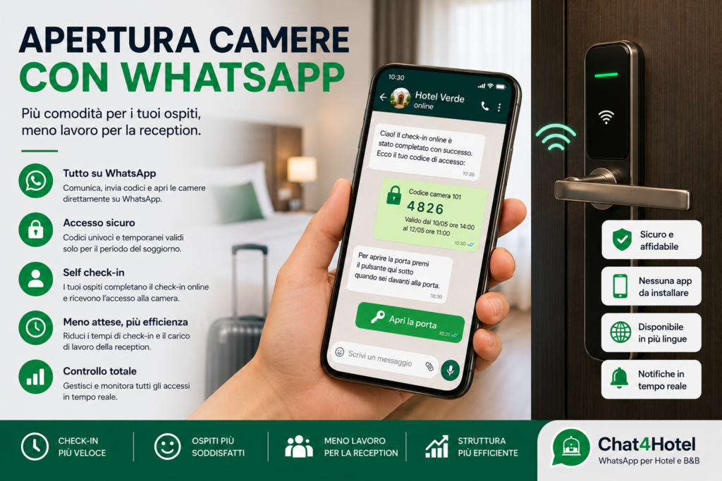 Ospite apre la camera di hotel tramite WhatsApp utilizzando una serratura elettronica intelligente e un codice di accesso digitale.