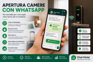 Ospite apre la camera di hotel tramite WhatsApp utilizzando una serratura elettronica intelligente e un codice di accesso digitale.