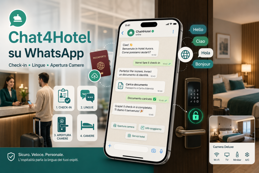 Chat4Hotel su WhatsApp per hotel e B&B con check-in digitale, risposte multilingue e apertura camere smart