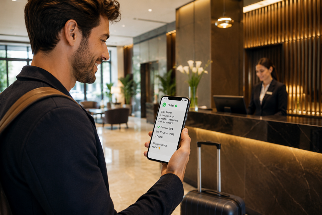 Ospite che completa il check-in online di un hotel tramite WhatsApp prima dell'arrivo in struttura.