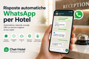Smartphone con WhatsApp che mostra risposte automatiche agli ospiti di un hotel tramite assistente AI, con reception sullo sfondo.
