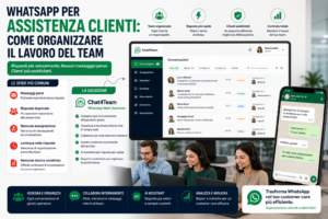 Team di assistenza clienti che gestisce conversazioni WhatsApp da una dashboard condivisa con assegnazione delle chat, monitoraggio delle richieste e supporto AI.