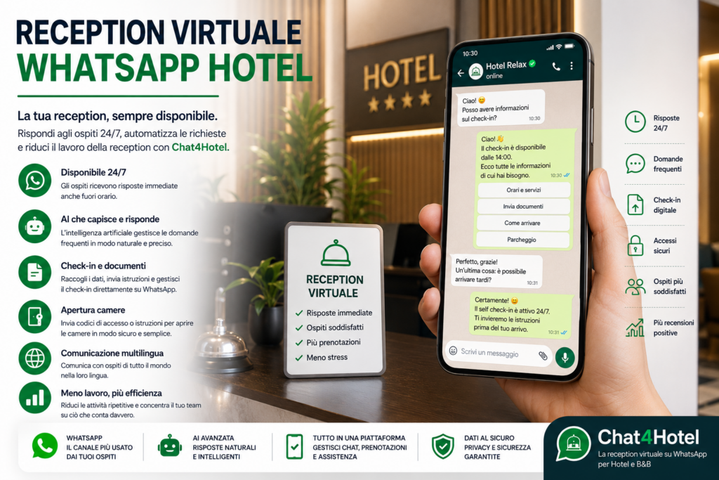 Reception virtuale per hotel e B&B con WhatsApp, assistente AI, check-in digitale e supporto automatico agli ospiti disponibile 24 ore su 24.