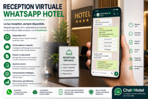 Reception virtuale per hotel e B&B con WhatsApp, assistente AI, check-in digitale e supporto automatico agli ospiti disponibile 24 ore su 24.