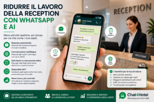 Illustrazione di una reception moderna con smartphone che mostra una conversazione WhatsApp gestita dall'intelligenza artificiale. L'immagine rappresenta come Chat4Hotel aiuta hotel e B&B a ridurre il lavoro della reception grazie a risposte automatiche, assistenza multilingua, self check-in e gestione intelligente degli ospiti.