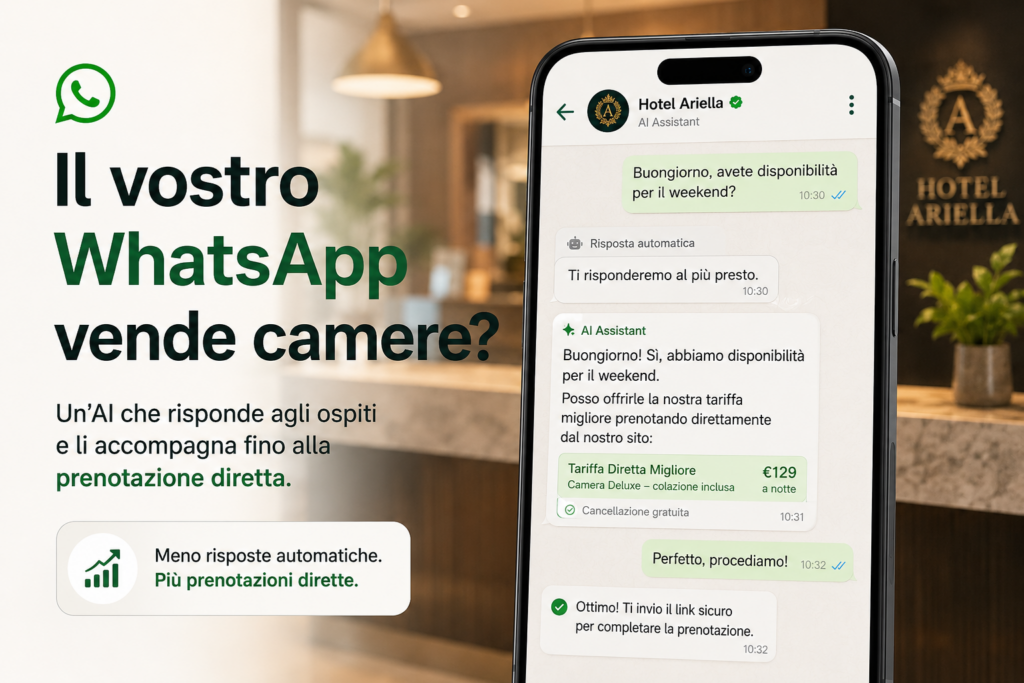 Smartphone con assistente AI su WhatsApp che risponde agli ospiti di un hotel e li accompagna verso la prenotazione diretta.