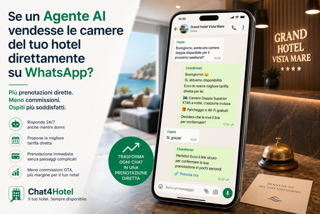 Agente AI che risponde automaticamente agli ospiti su WhatsApp e vende camere direttamente senza passare da Booking.com.