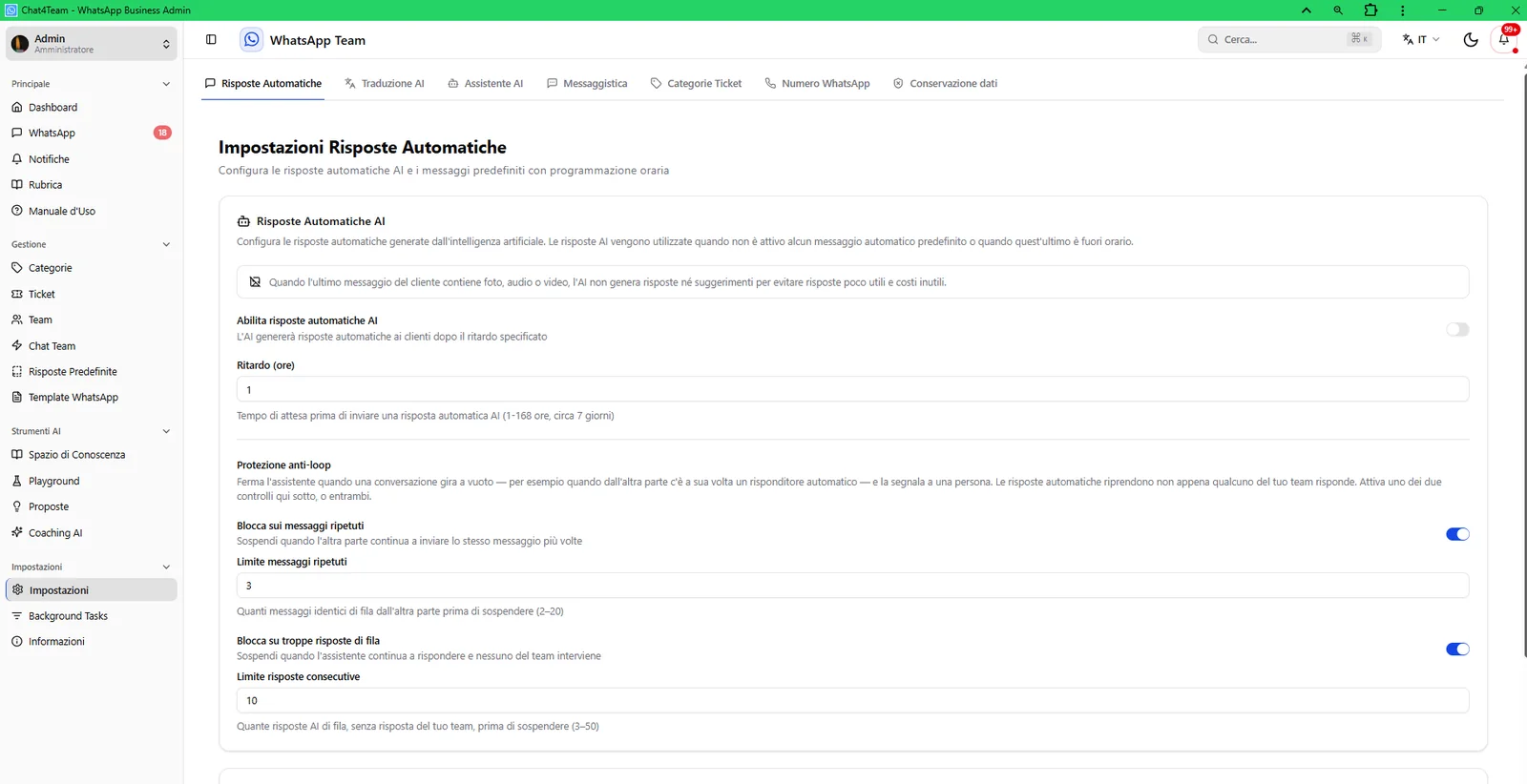 Impostazioni Chat4Team per risposte automatiche AI e protezioni anti-loop