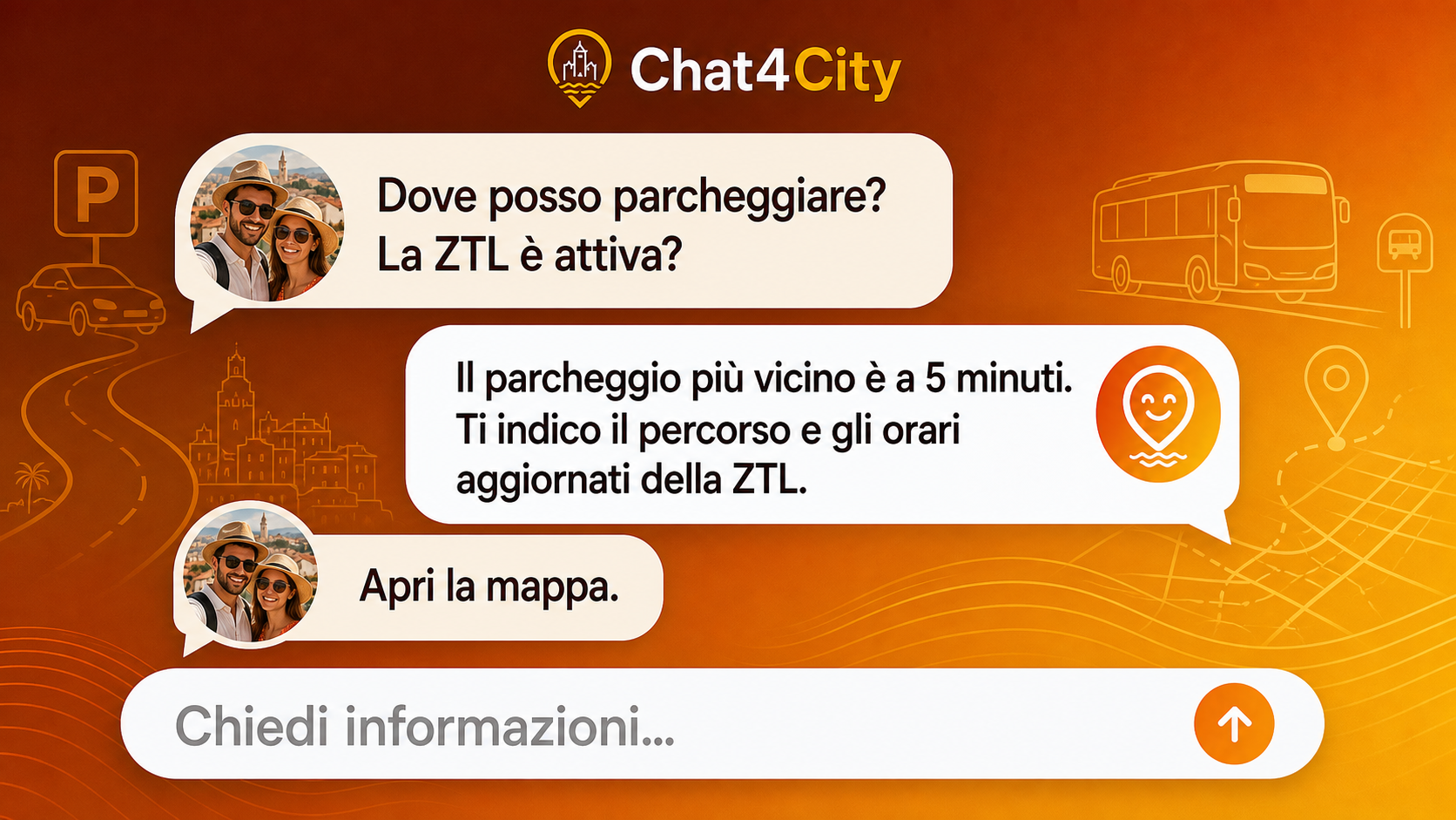 Esempio di informazioni su parcheggi e ZTL fornite da Chat4City