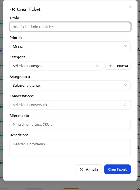 Finestra Chat4Team per creare un ticket collegato a una conversazione