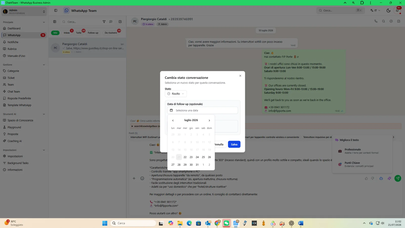 Figura 12 - Cambio dello stato della conversazione con data di follow-up e nota interna opzionale.