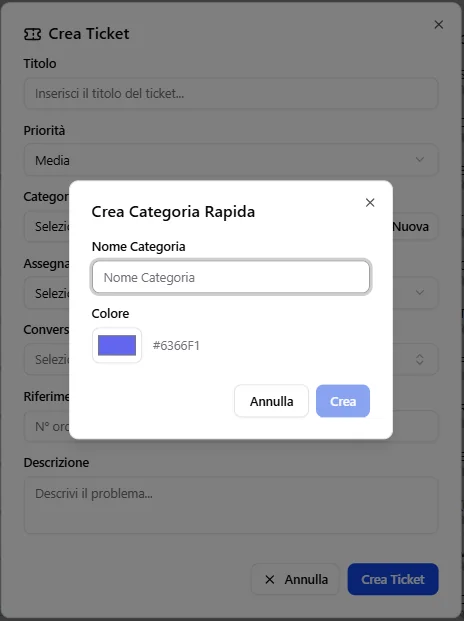 Figura 11 - Creazione rapida di una categoria ticket con nome e colore identificativo.