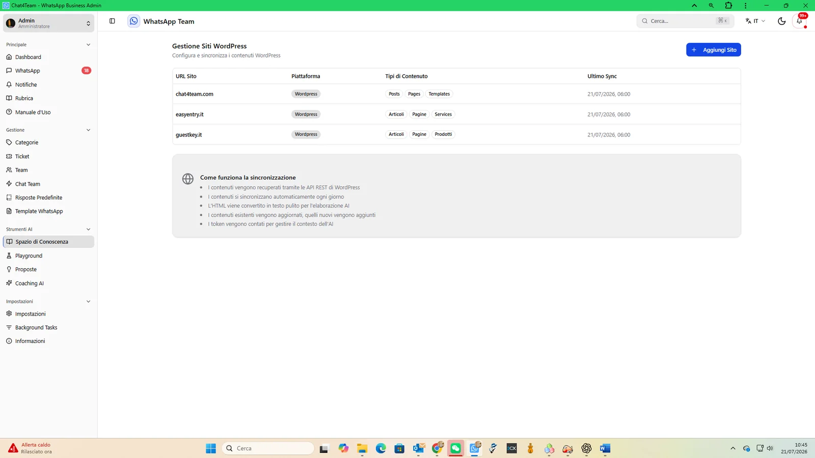 Figura 5 - Gestione dei siti WordPress collegati e stato dell'ultima sincronizzazione.