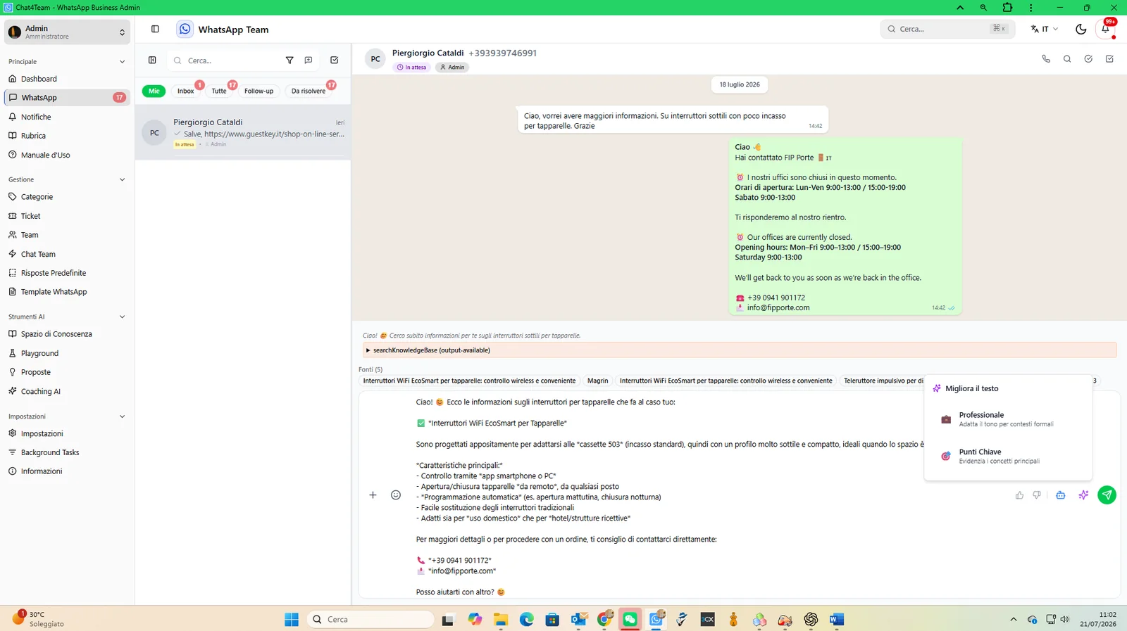 Figura 14 - Menu AI per riscrivere un messaggio in stile professionale o sintetizzarne i punti chiave.