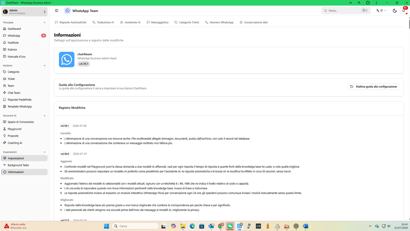 Figura 10 - Pagina Informazioni con versione installata, guida alla configurazione e registro delle modifiche.