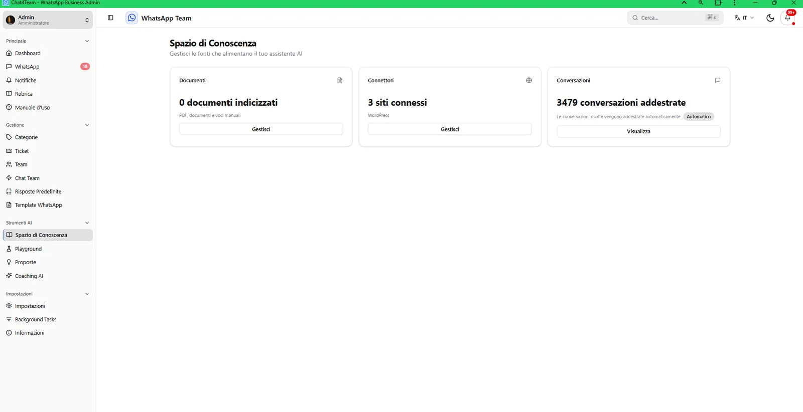 Spazio di Conoscenza Chat4Team per documenti, siti e conversazioni